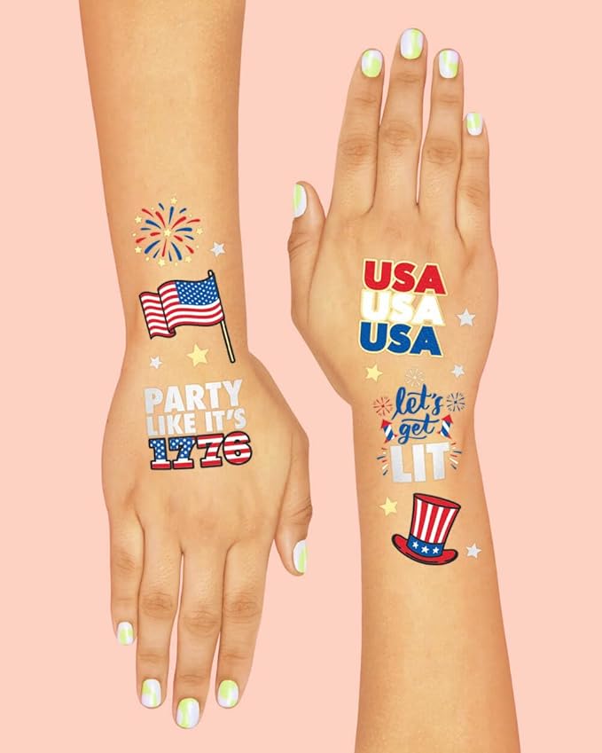 xo, Fetti Fourth of July Decorations Temporary Tattoos - 30 styles | America, Red White and Blue Party Supplies, 4th of July, USA,Memorial Day, Independence Day, Labor Day
