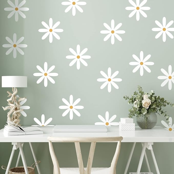 TaoBary 12 Sheet Daisy Wall Sticker Decal,White, Yellow,Fresh Style | Big Flower Wall Sticker, Pink White Floral Decal, Daisy Bedroom Room Decor, Removable Peel and Stick, Nursery Home Wall Decor