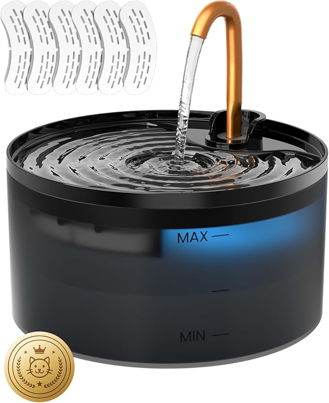 MISFANS Cat Water Fountain with 6-Pack Replaceable Filters,Copper Faucet | 71oz/2.1L Cat Fountain for Drinking, MISFANS-Designed Pump & Filter, Plastic Automatic Pet Water Fountain Bowl & Dispenser