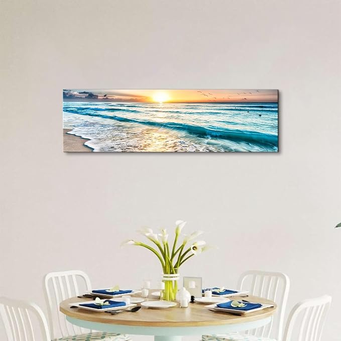 Sunrise Ocean Beach Canvas Wall Art Coastal Room Decor Nature Pictures for Wall Nautical Bathroom Living Room, Sea Waves Landscape Painting Tropical Seascape Poster Prints Artwork Decorations 14x48”
