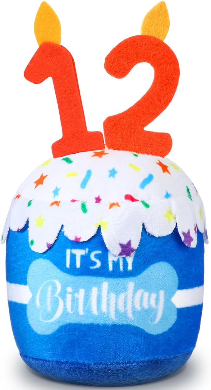Dansydaisy Dog Birthday Cake Toy Squeaky Plush Gift,12th,Blue