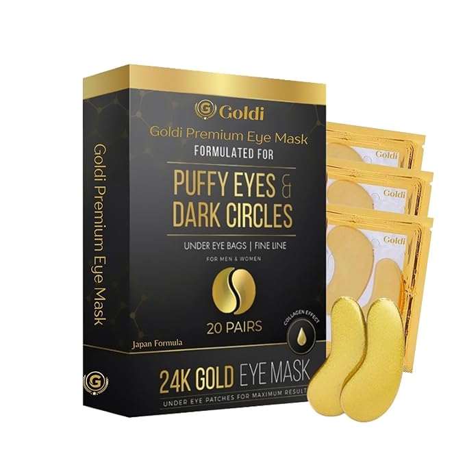 Goldi Premium Eye Mask (20 Pairs) - 24K Gold Eye Mask with Vitamin C & Collagen. For Under eye bags, Fine line, Dark Circles and Puffiness. Beauty & Personal Care (Japan Formula)