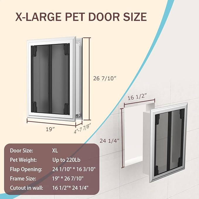 Dog Door for Wall, Energy Efficient French Doggy Door with Aluminum Frame, Telescoping Tunnel and Magnetic Flaps, Easy Install for Walls 4"- 7 7/8" Thick, XLarge