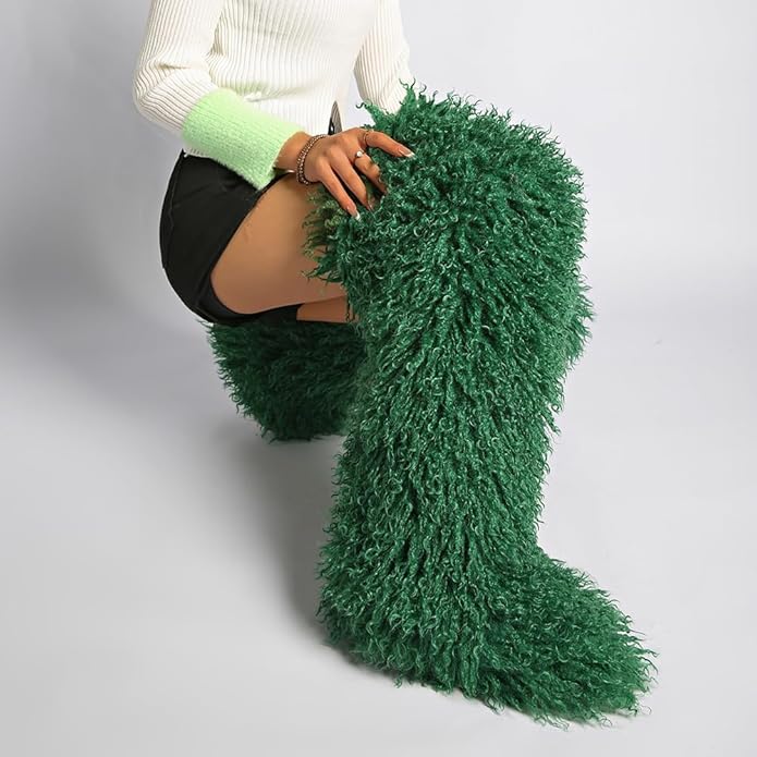 SWEETHEART BEAUTY Thigh High Shagy Teddy Fur Boots, 29 Inch Over the Knee Length Fluffy High Boots, Tall Furry Shoes For Women