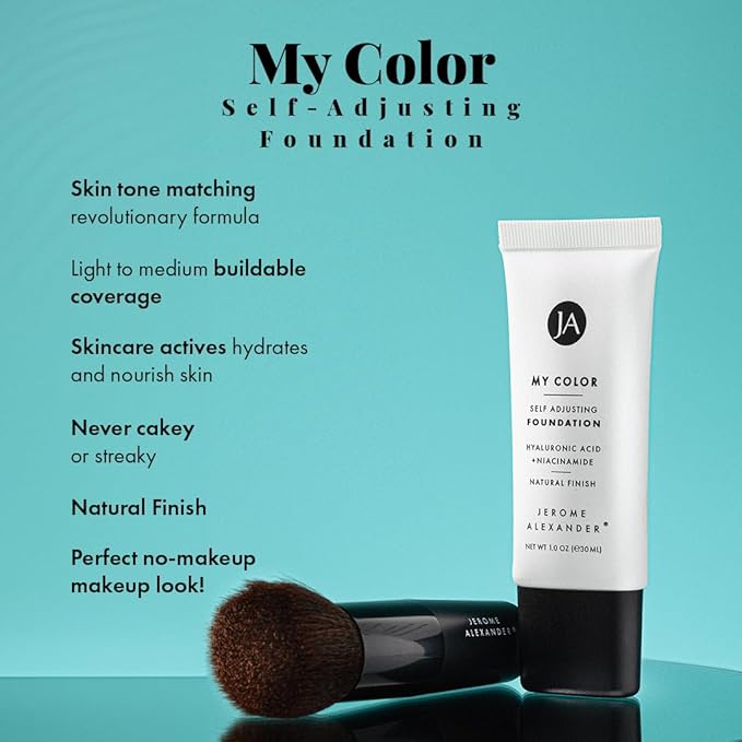 Jerome Alexander My Color Self-Adjusting Foundation, Hydrating & Lightweight Face Makeup, Skincare-Infused, with Kabuki Brush, Light, 1 oz