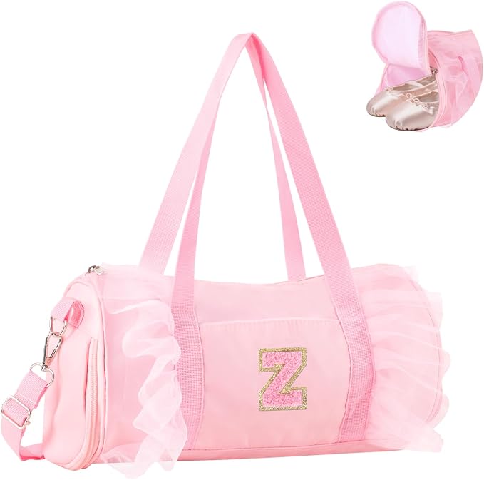 Personalized Initial Dance Bag for Girls 6-9, Medium Lace Gym Sport Yoga Cheer Dance Bags Gift for Teen Girls, Cute Letter Kids Ballet Bag Toddler Travel Duffel Tote with Adjustable Straps(Pink-Z)