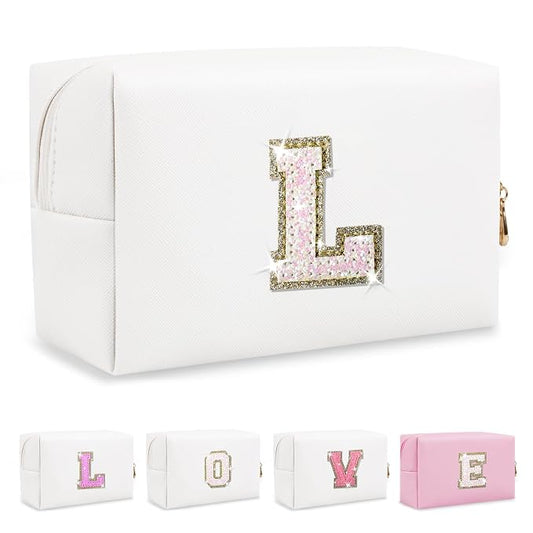 Small Initial Patch Makeup Bag Personalized Gifts Make Up Bag,White Cute PU Leather Glitter Letter Cosmetic Bag with Zipper,Trendy Portable Travel Toiletry Pouch,Preppy Stuff for Teen Girls Women L