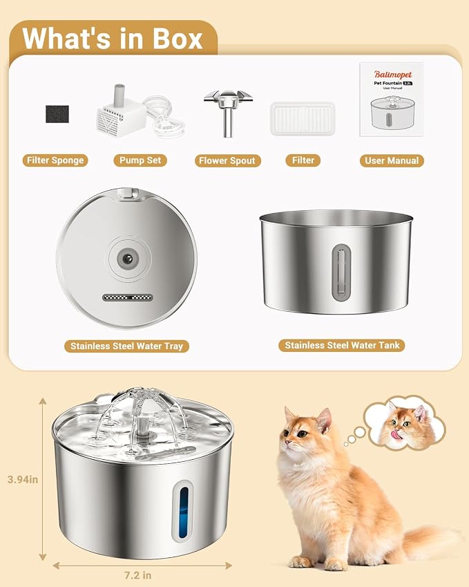 Cat Water Fountain Stainless Steel - 74oz/2.2L Automatic Large Pet Watering Bowl Dispenser for Indoor Dogs - Drinking Fountains with 3 Filter, Gifts for Cats and Kitty - Dog Waterer Bowls No Spill