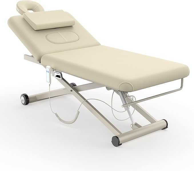 pouseayar Heavy Duty Electric Massage Table, Electric Lift Motor and Manual Backrest Adjustable for Treatment/Medical Spa/Facial Bed/Beauty Bed and More - 31.5 Wide x 75 Long - Beige Gray