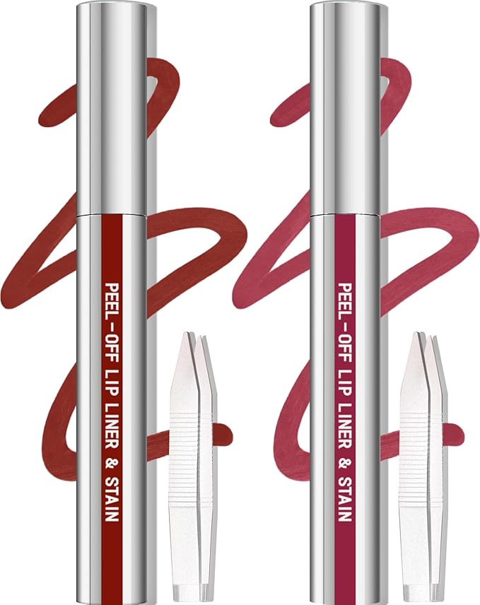 Cilrofelr 2 Colors Lip Liner Stain Peel Off Set with Tweezers - Long Wearing, Transfer Proof, Matte Finish, Quick Plump Lip Effect, Peel Off Lip Stain for All Skin Tones (Cocoa + Mauve)