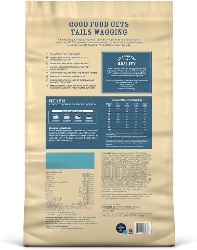 Amazon Brand - Wag Adult Premium Nutrition Dry Dog Food, Supports Stomach and Skin Health, Lamb and Brown Rice, 30 lb Bag