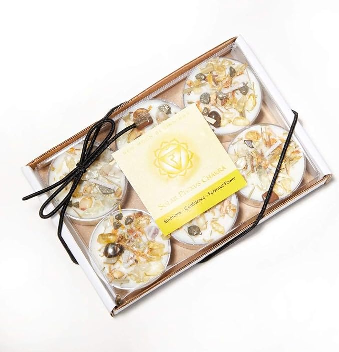 Solar Plexus Chakra Candle by New Moon Beginnings - Chakra Candles - Dried Flower, Herb, & Crystal Candles - Aromatherapy Candles - Soy Candle - Set of 6 Tealights