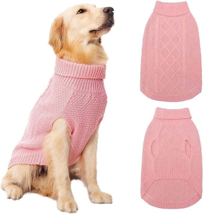Mihachi Turtleneck Dog Sweater - Winter Coat Apparel Classic Cable Knit Clothes with Leash Hole for Cold Weather, Ideal Gift for Pet in New Year Flesh Pink Medium