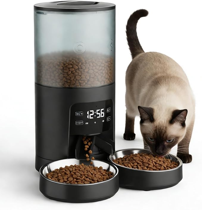 NEWBULIG Automatic Cat Feeder for 2 Cats, 6L Timed Pet Feeders, Black | Dual Bowls, 25.3 Cups, 10s Voice Recorder, Dog Food Dispenser for Dry Food, 6 Meals/Day, 50 Portions/Meal, Dual Power Supply