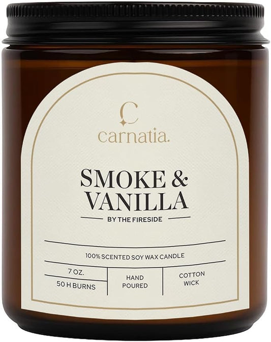 Carnatia Smoke & Vanilla Scented Candle – 7 oz | 100% Soy Wax with Cotton Wick | 50 Hour Burn | Aromatherapy Candle for Home, Cozy Mood & Relaxation | Gift for Women & Men