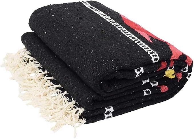Open Road Goods Thick Mexican Yoga Blanket - Serape Fish Design - Handmade (Black)