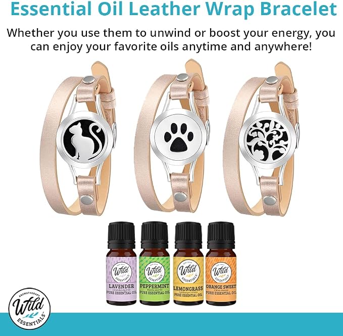 Wild Essentials Flamingo Essential Oil Leather Wrap Bracelet Diffuser Kit, Gift Set, Lavender, Lemongrass, Peppermint, Orange Oils, 12 Pads, Customizable Color Changing Perfume Jewelry, Aromatherapy