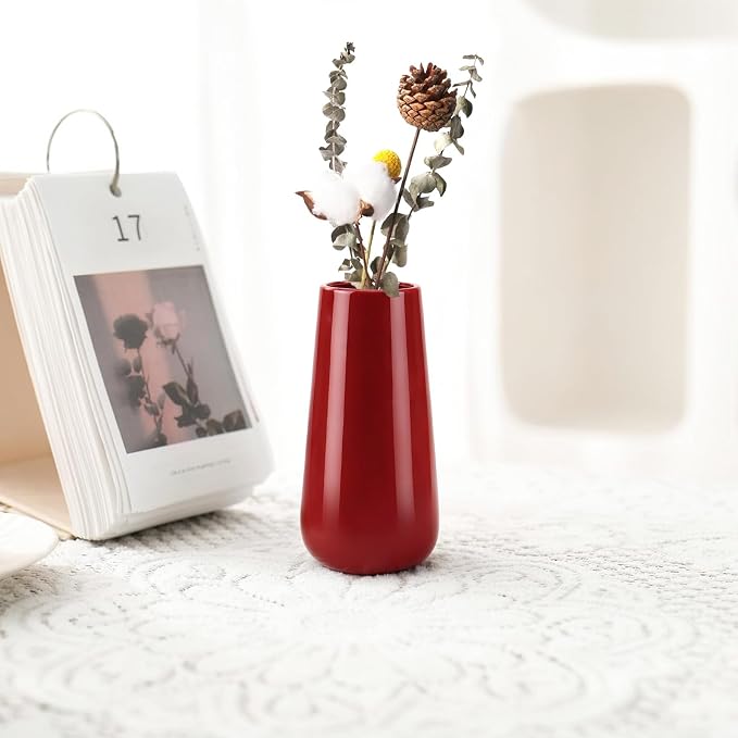 Ceramic Vase, GUKJOB Small Cute Flower Vase for Pampas Grass, Home, Living Room, Dining Table, Farmhouse, Office Decor, Bedroom, Table, and Kitchen Shelf (086 Red)