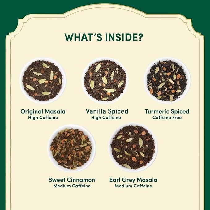VAHDAM, Assorted Chai Tea Bags Sampler (5 Flavors, 20 Ecofriendly Pyramid Tea bags) I Gift Ideas for Women & Men | Masala Chai Tea Varieties from India | Gluten Free & Non GMO | Gifts for Him/Her