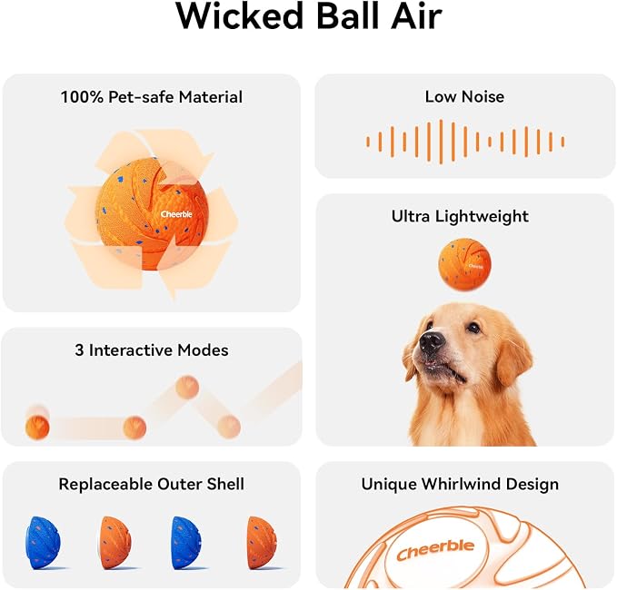 Cheerble Smart Interactive Dog Toy, Wicked Ball AIR, E-TPU Material | Automatic Moving, Bouncing, and Rotating, IPX7 Waterproof Rating, Active Rolling Ball for Puppy, Medium and Large Dogs