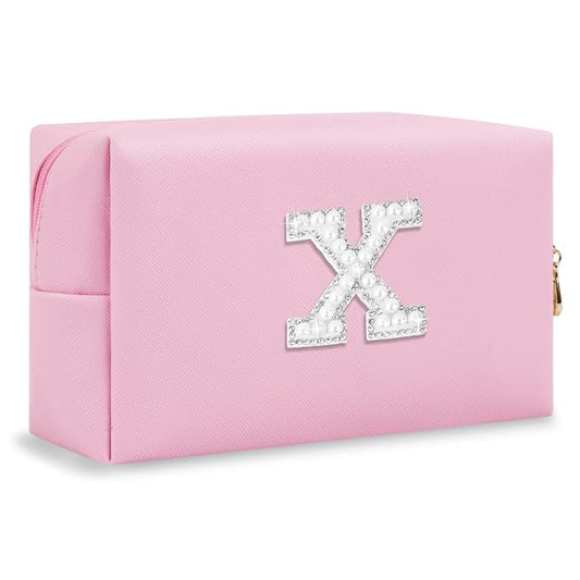 ChaoGreat Bride Gifts – Personalized Initial Makeup Bag with Pearl Rhinestone Patch, Preppy Pink Monogram Cosmetic/Toiletry Pouch, bridesmaid Gifts, Bridal Shower Gifts, Wedding Gifts, Bridal Gifts,X