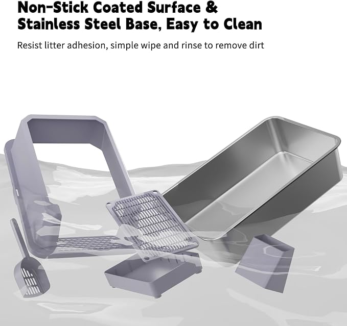 RIZZARI Stainless Steel Litter Box: Leakproof 2-Pack High Walls for Cats | 6.5" Anti-Spill Walls / Dual Filtering Holes / 304 Non-Absorbent Base / Teflon Easy-Clean / Built-In Deodorizer