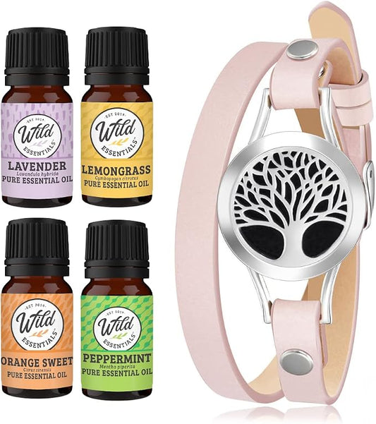 Wild Essentials Tree of Life Essential Oil Leather Wrap Bracelet Diffuser Kit, Gift Set, Lavender, Lemongrass, Peppermint, Orange Oils, 12 Pads, Customizable Color Changing Jewelry, Aromatherapy, Pink