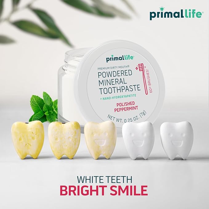 Primal Life Organics - Dirty Mouth Toothpowder, Tooth Cleaning Powder, Flavored Essential Oils with Natural Kaolin & Bentonite Clay, Good for 200+ Brushings, Organic, Vegan (Peppermint, 0.25 oz)