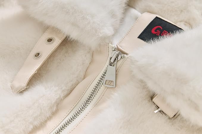 GRAN ORIENTE Womens Belted Winter Faux Fur Coats, Cropped Fuzzy Cuff Furry Zipper Up Warm Jackets Outwear