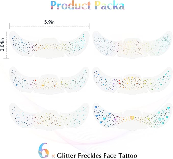 Glitter Freckles Face Tattoo, Holographic Color-Changing Makeup Tattoo Patches, Waterproof and Sweatproof Sparkle Speckles Patches for Women, Cute Star Temporary Freckles Makeup Accessories 6Pcs
