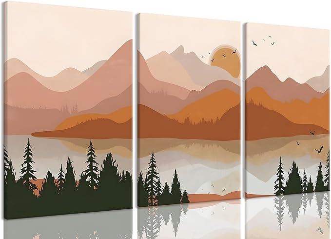 Bwodke Orange Mountain Canvas Wall Art Set of 3, 16x24 inch | Boho Watercolor Wall Decor, Orange Mountain Sun Forest Prints, Living Room Bedroom Office Art