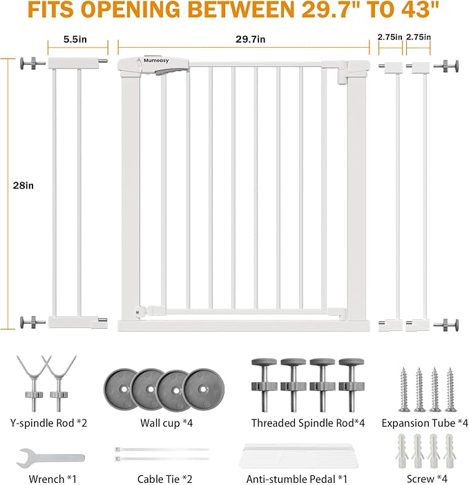 Mumeasy 29.7-43" Baby Gate for Stairs & Doorways, Pressure Mounted Dog Gate