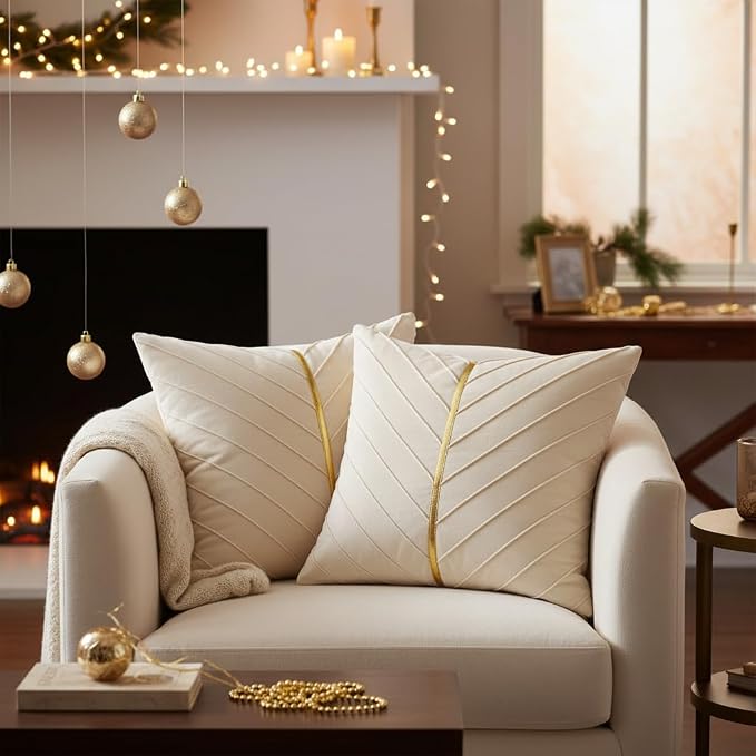 Velvet Throw Pillow Covers 26x26 inch Pack of 2 Gold Decor Cream | Soft Solid Pillow Covers,Modern Luxury Home Decor,for Couch Chair Sofa Bedroom Livingroom,Hidden Zipper,Ideal Gift,Easy Care