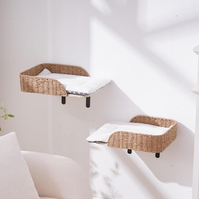 SHENGOCASE Modern Wall Mounted Cat Bed Perch with Handwoven Guardrail, 2-Pack, Wooden Shelves with Washable Pillow Cushions, Wall Furniture Set