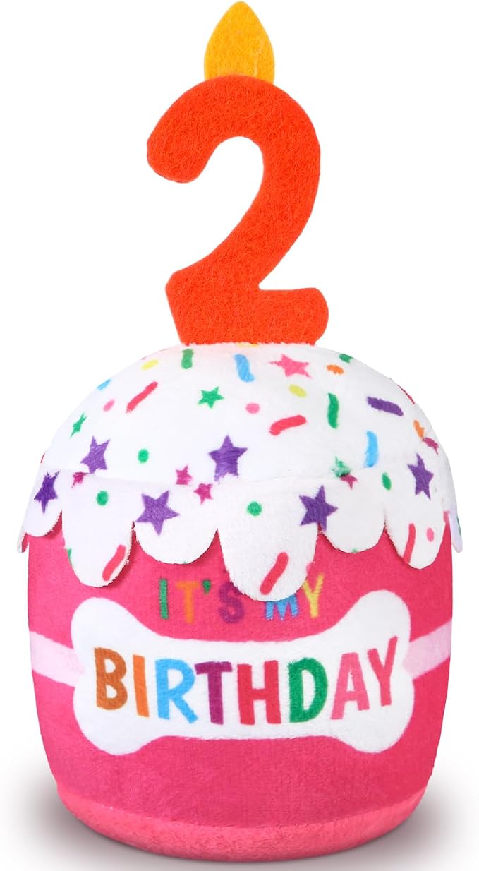 Dansydaisy Dog Birthday Cake Toy Squeaky Plush Gift,2nd,Pink