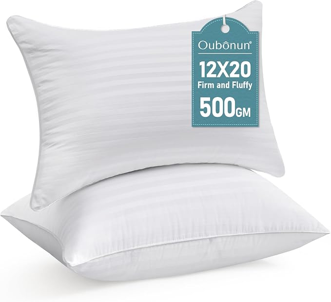 Oubonun 12 x 20 Throw Pillow Inserts Set of 2 | Firm and Fluffy Decorative Pillows for Couch Bed Sofa with Soft Cotton Cover White Cushion with Down Alternative