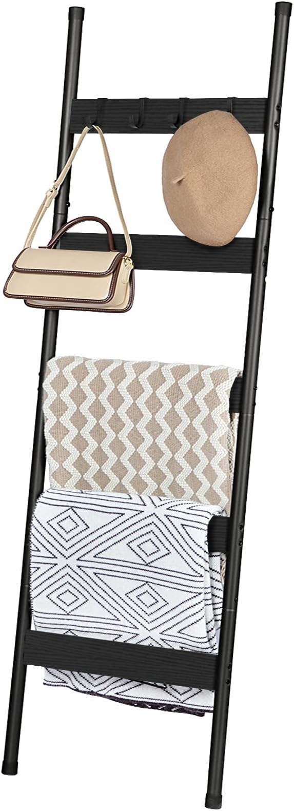 HOOBRO Blanket Ladder, 5-Tier Towel Rack with Hooks, Wall-Leaning Blanket Rack, Decorative Display Ladder Shelf, Scarves, Industrial, Living Room, Bedroom, Black BB52CJ01