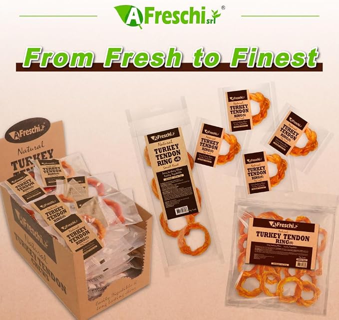 A Freschi srl Turkey Tendons for Dogs, USA-Sourced Human Grade, Rawhide-Free Long-Lasting Puppy Chews, All Natural Hypoallergenic Dog Treats for Small Breeds, Ring (S), 40 Count Box