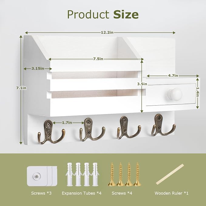 Key Holder Wall Mount, Wooden Key and Mail Organizer, White | 2 Mount Options, Includes 8 Hooks, Fence Mail Slot, Small Drawer and Shelf, for Entryway, Hallway, Doorway, Living Room, RV