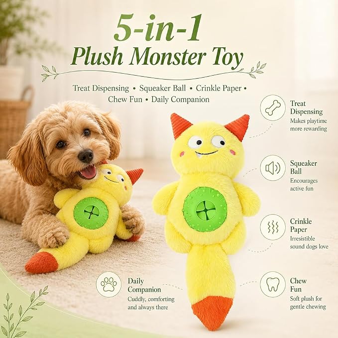 Cute Monster Plush Dog Chew Toy – Squeaky Ball, Crinkle Paper & Treat Dispenser, Washable Interactive Stuffed Toy for All Breeds, Relieves Boredom & Anxiety(Yellow)