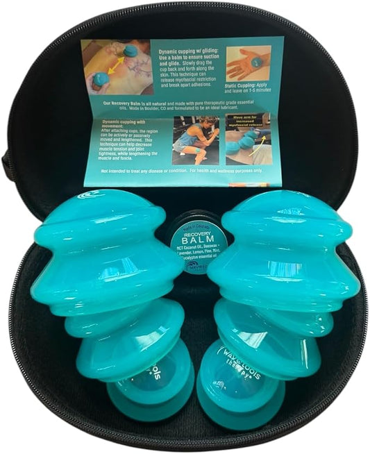 Wavetools Therapy Glide Silicone Sport Cupping Set of Mushroom Cups in case with Balm Ideal for Massage, myofascial Release, Circulation and Scars. (Translucent Teal Finish, 6 Pack in case)
