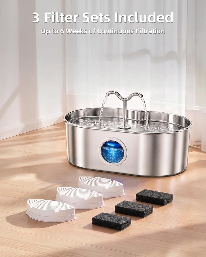 8L/270oz/2Gallon Stainless Steel Dog Water Fountain Pet Fountain | Automatic Pet Water Dispenser - Self-Designed Filtration System - Ultra-Quiet Pump - Easy Cleaning & Maintenance (3 Filters)