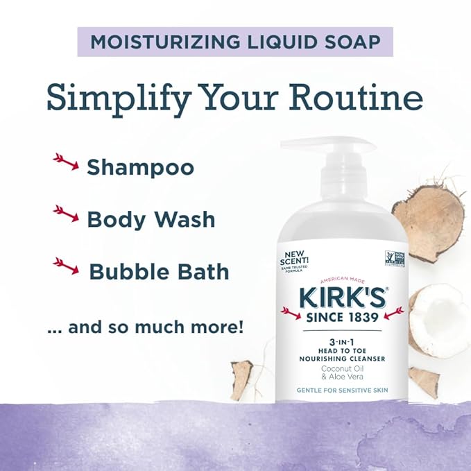 Kirk's 3-in-1 Head to Toe Nourishing Liquid Cleanser- for Men, Women & Children - Premium Coconut Oil & Aloe Vera- Non GMO & Vegan - Lavender and Vanilla - 32 Fl Oz. - 2 Pack