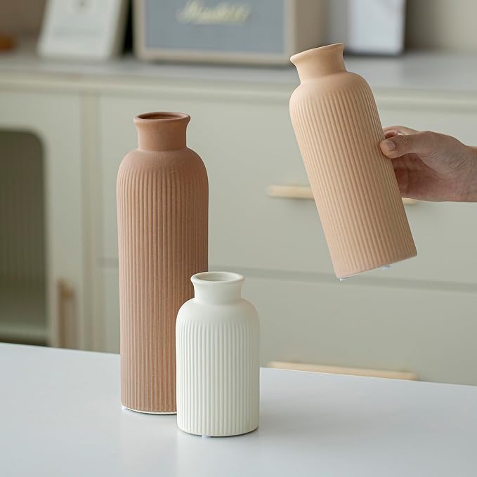 Modern Ceramic Vase Set, Earth Tone Natural Color Ribbed Matte Design, 3-Piece Decorative Vases for Home, Living Room, Office (Coffee Mix)