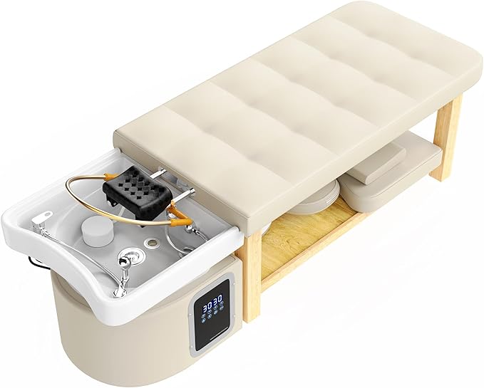 Olela Heavy Duty Head Spa Bed - Headspa Equipment with Water Cycle & Fumigation Salon Equipment, Stationary Massage Table with U Shaped Head Basin and Wood Frame for Beauty Salon