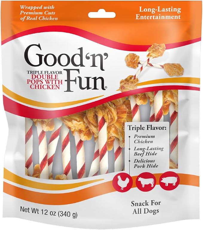 GOOD 'N' FUN Double Pops Long-Lasting Dog Treat with Real Protein, 12 oz | Premium Pork and Beef Hide Chew Wrapped with Real Chicken, Supports Dental Health and Mental Stimulation, For Adult Dogs