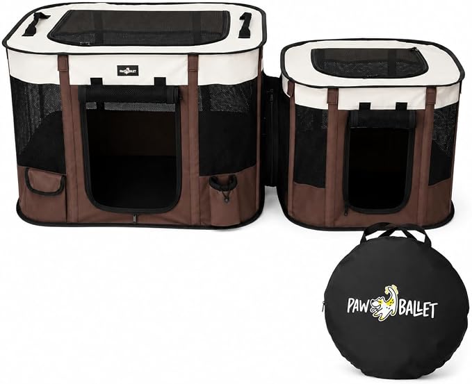 Paw Ballet 2-in-1 Dual-Zone Pet Playpen for Cats & Small Dogs, Portable Indoor Outdoor Pet Enclosure with Connected Rest & Feeding Areas, Foldable Pet Tent with Carrying Bag