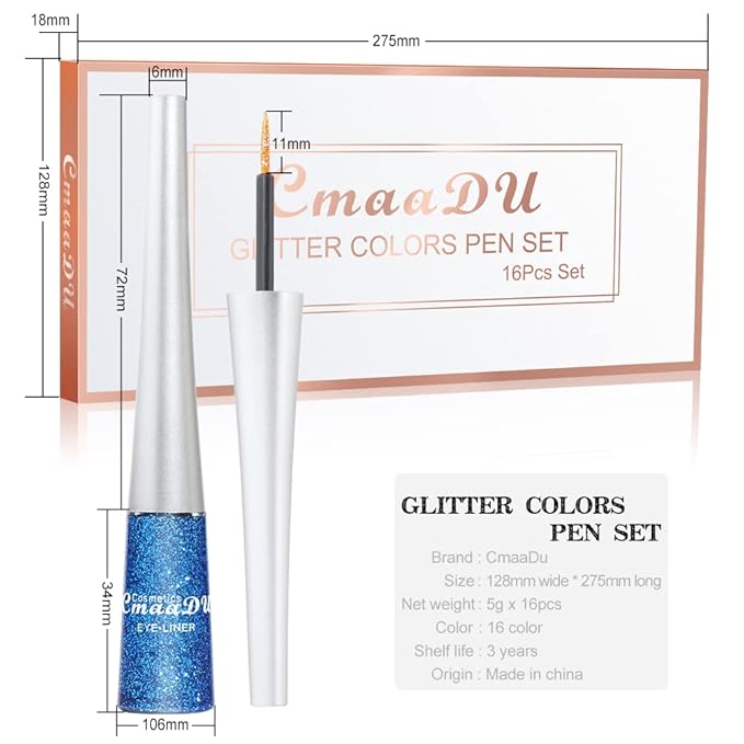 BONNIE CHOICE 16 Colors Glitter Eyeliner Liquid Set, Metallic Glitter Liquid Eyeshadow, Waterproof Long Lasting White Silver Rose Gold Pink Colorful Rainbow Eyeliners Valentine's Day Gifts for Women