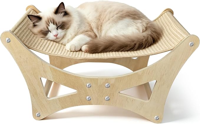 Cat Hammock Bed for Large Cats, Elevated Wooden Bed with Natural Sisal Scratching Mat, Cozy Lounge with Soft Cushion, Supports Up to 40 LBS, Modern Indoor Furniture