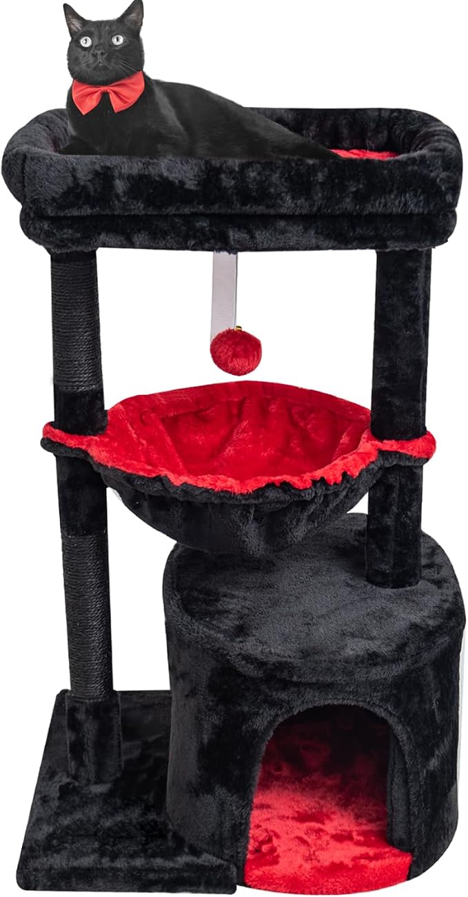SYANDLVY Gothic Cat Tree with Coffin Bed for Indoor Cats, Modern House | Small Activity Tower with Scratching Post, Condo & Cradle, Kittens Cave, Black & Red